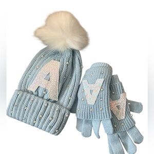 Justice Light Blue Knit Mittens and Hat Set with White Pom Pom